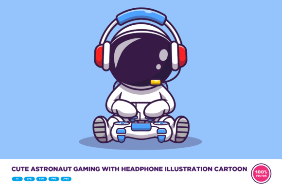 Cute Astronaut Gaming with Headphone: Graphics & Illustrations