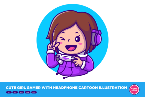 Cute Girl Gamer with Headphone Cartoon Graphics